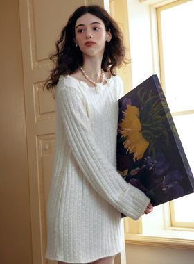 明星同款 Te by frigidOrg秋冬法式手工钩花装饰宽领针织连衣裙