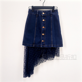 拼接不规则蕾丝下摆牛仔裙EEWJ82402B 春夏款 E家正品 折扣