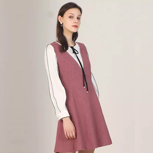 依恋旗下 R系列RCOW84901C法式假两件格子长袖连衣裙女秋冬系带裙