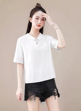 2024R新款V领韩版夏季薄款宽松衬衫遮肚子短袖白色上衣RCYW83812S
