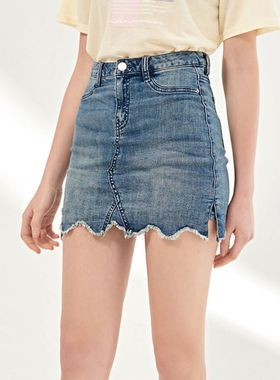 E家商场同款 春夏牛仔短裙不规则流苏半裙EEWJ82507A