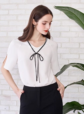 依恋旗下 E系列EEBW82501M白色高级感蝴蝶结衬衫女夏季短袖雪纺衫