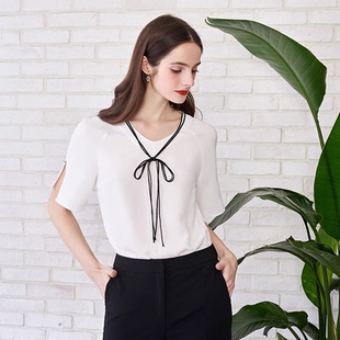 依恋旗下 E系列EEBW82501M白色高级感蝴蝶结衬衫女夏季短袖雪纺衫