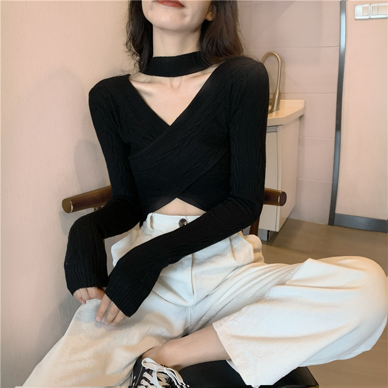 Real shot real price cross design necked Pullover Sweater Top with slim body and bottom layer