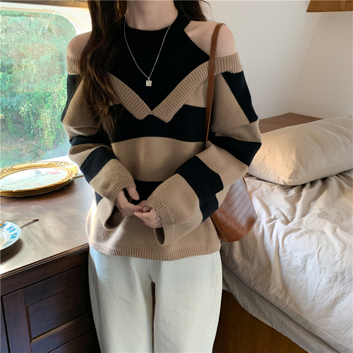 Real shooting real price Design sense halter neck off-shoulder loose striped knitted sweater mid-length top