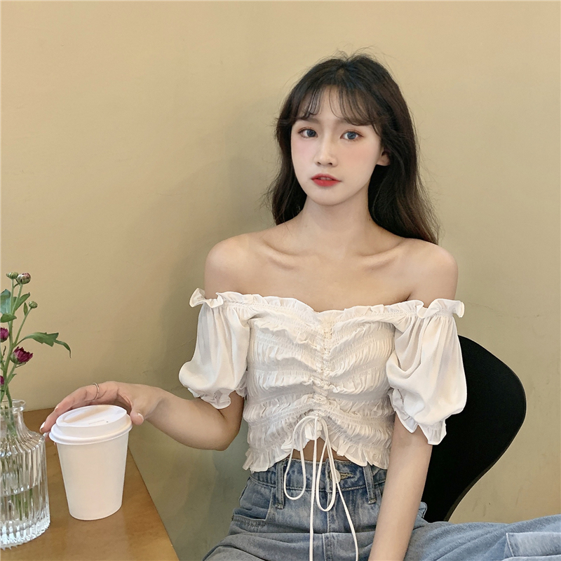 Real price Vintage Lace bubble sleeves with ruffles and one shoulder double top short pleated shirt