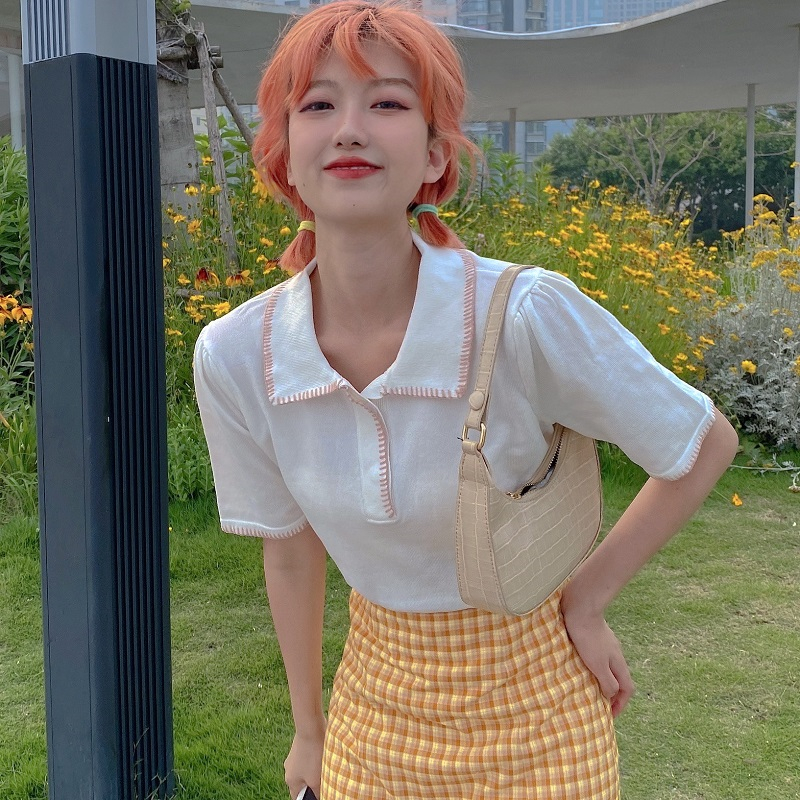 Real price new Korean version summer show thin fragrance color contrast Lapel T-shirt women Polo short T-shirt