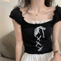 Real price new versatile French lace up short sleeve shirt with Auricularia edge