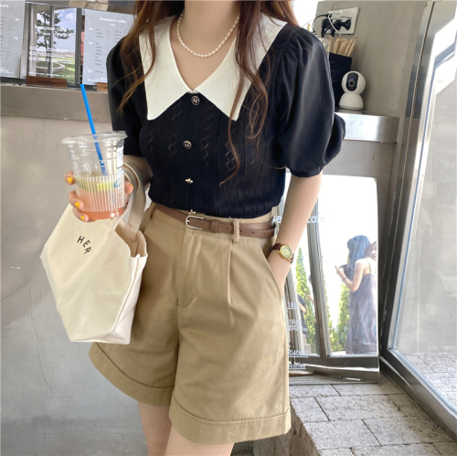 Real shooting real price Lapel hollowed out sweater color matching short sleeve versatile temperament ins contrast color bottomed sweater top