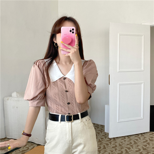 Real shooting real price Lapel hollowed out sweater color matching short sleeve versatile temperament ins contrast color bottomed sweater top