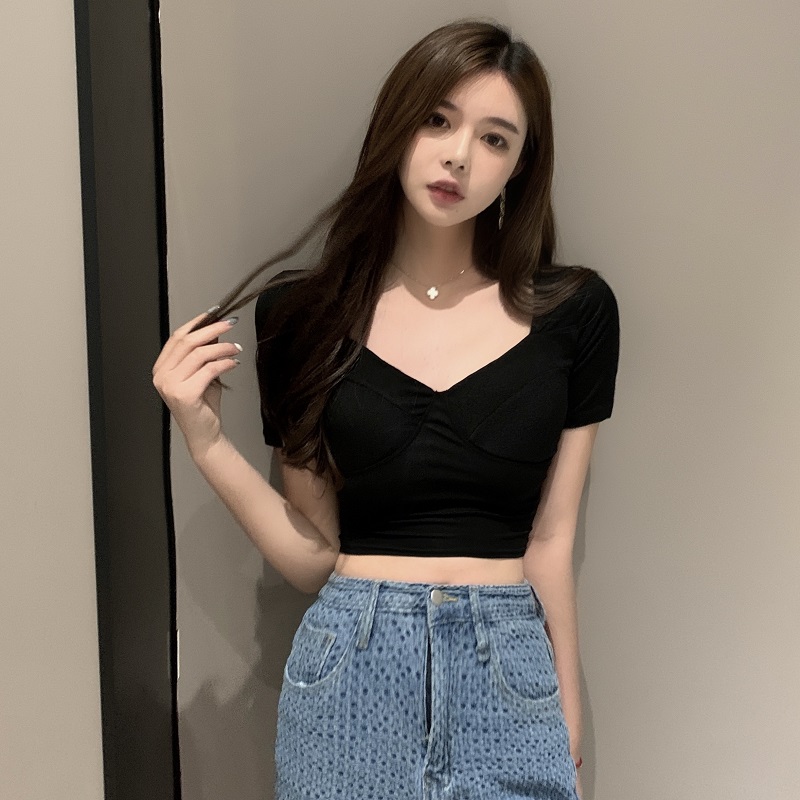 Real price hot girl square neck short top women's design feeling high waist open navel net red fried Street short sleeve T-shirt