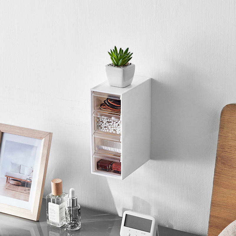 KM 5161无痕贴壁式收纳盒化妆品置物架免打孔四格透明抽屉整理盒