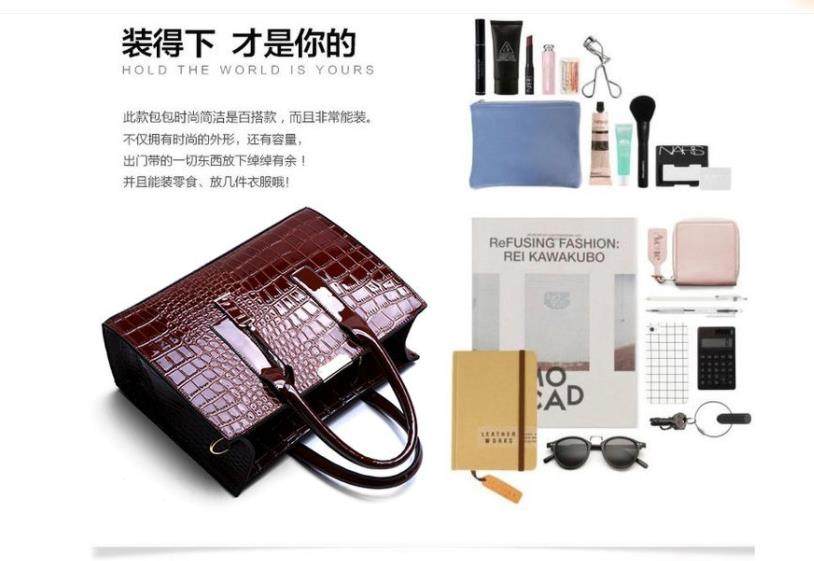 年轻时尚亮面新款耐磨女包百搭潮流鳄鱼纹手提欧美肩斜挎托特包