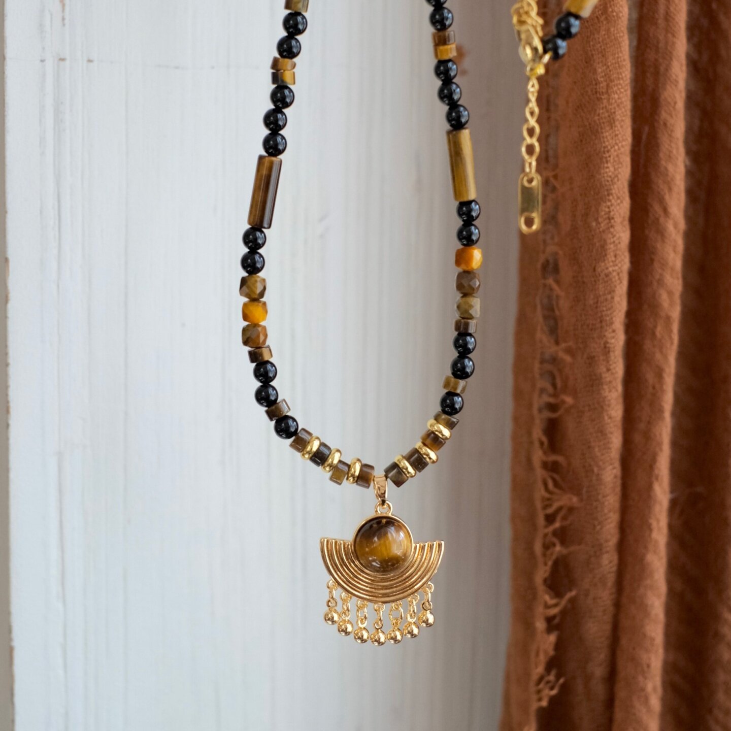 《吟游诗人》原创小众美拉德民族风复古虎眼石串珠流苏项链毛衣链