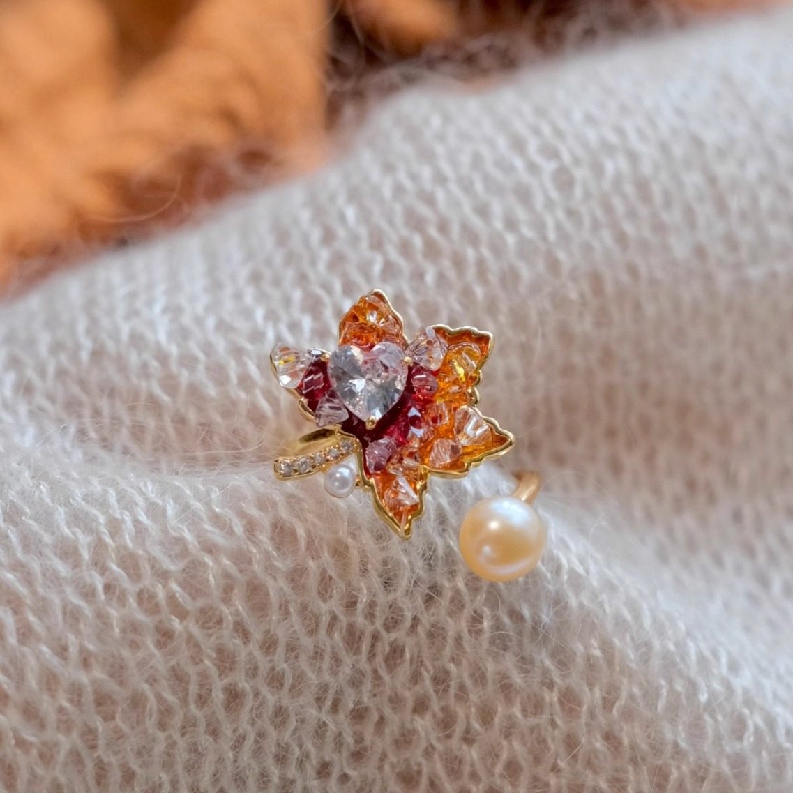 《深秋红枫》轻奢复古精致水晶树叶天然珍珠小众戒指新年可调节女