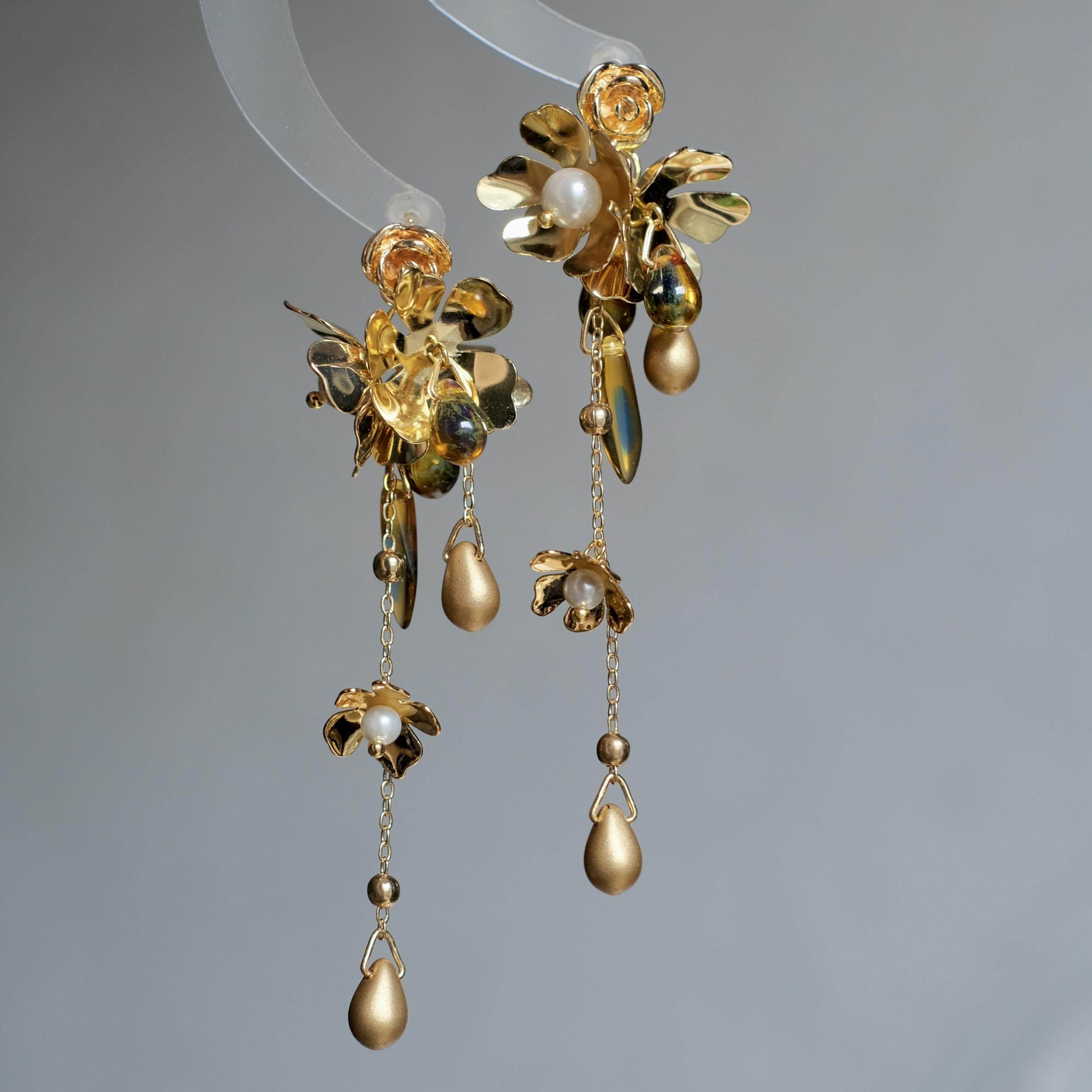 《金枝玉叶》原创复古独特高级感金色花朵流苏长款耳环耳夹耳饰女