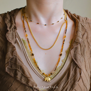 《未驯服的象》秋冬复古虎睛石串珠叠戴长款项链锁骨链超长毛衣链