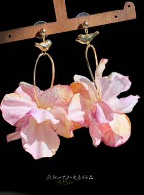 《夜莺与玫瑰》原创春夏超仙少女心粉色夸张花朵耳环耳夹度假耳饰