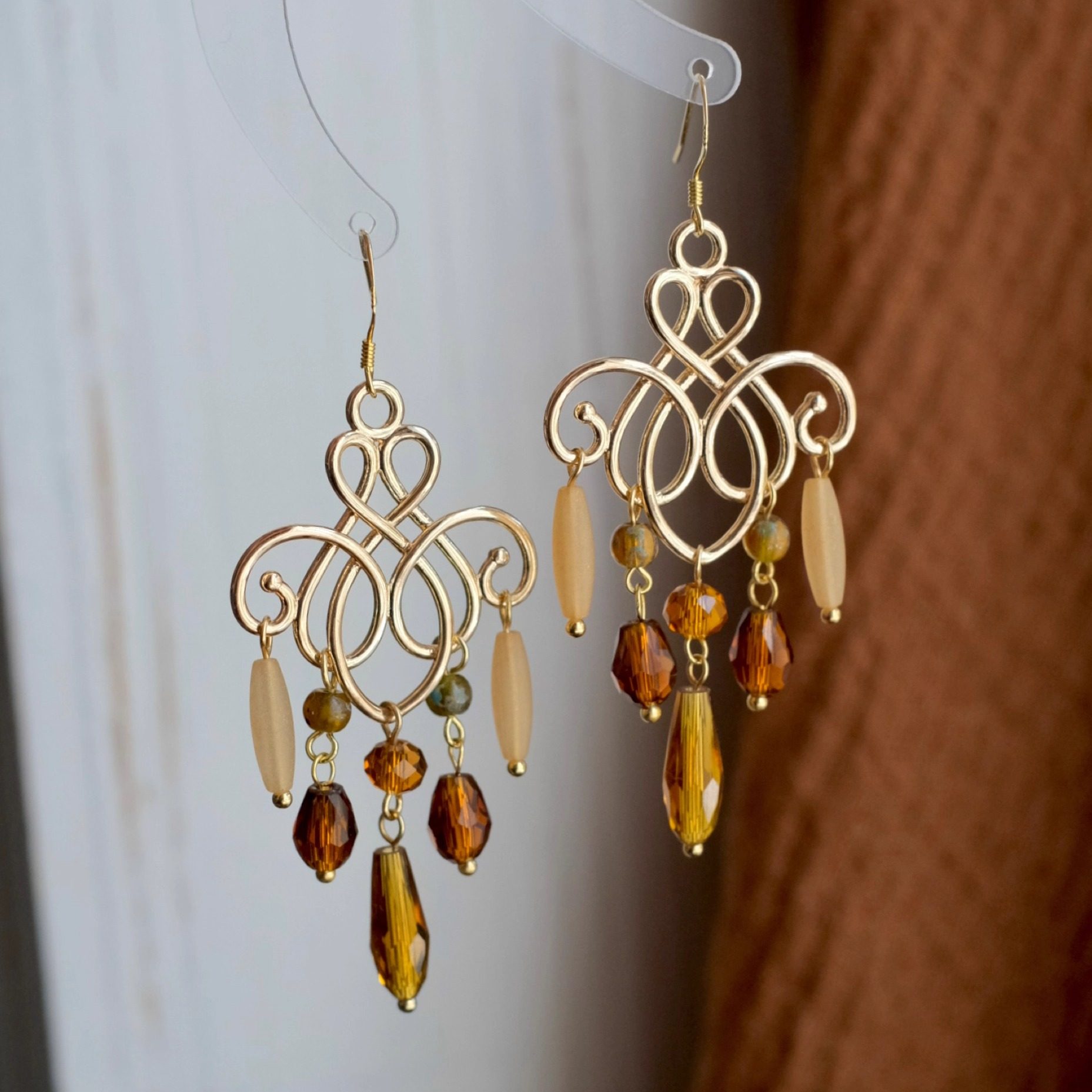 《婆娑》原创秋冬独特琥珀色水晶串珠长款流苏民族风耳环耳夹耳饰