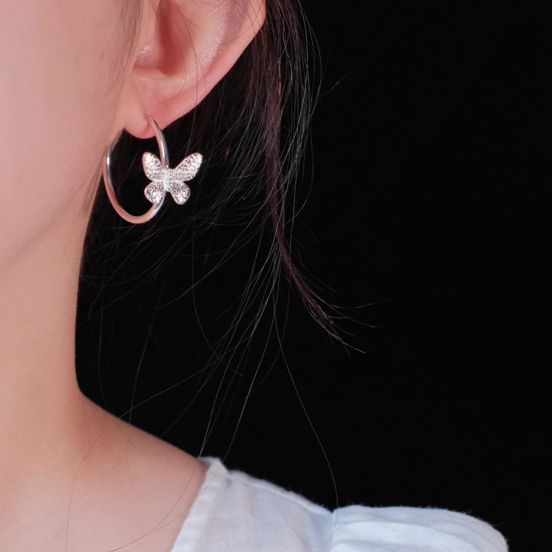 《银月蝶》复古法式小众高级感银色肌理蝴蝶耳圈耳环耳夹精致时尚