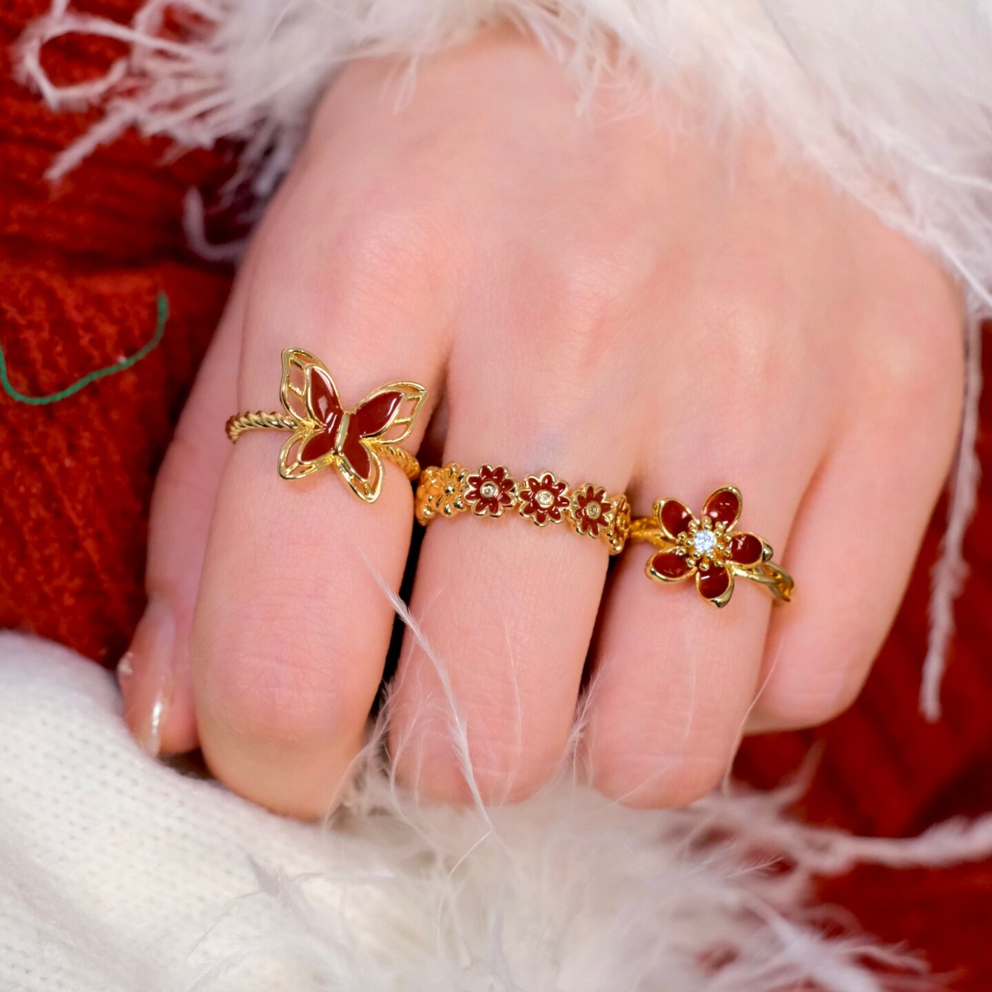 《蔷花红莲》复古优雅法式秋冬新年酒红色珐琅花朵蝴蝶叠戴戒指女
