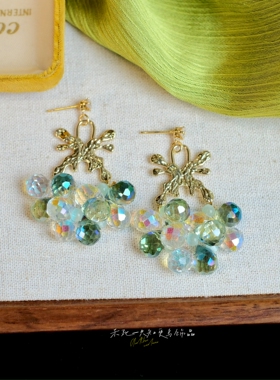 《春染花枝》原创春夏超仙绿色水晶串珠独特小众森系耳环耳饰耳夹