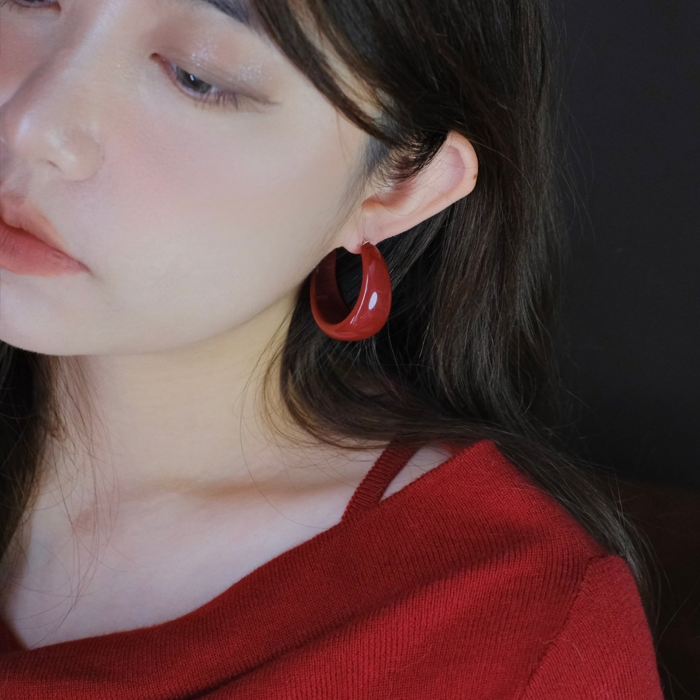 《时尚杂志》秋冬安可拉红色复古大耳圈耳环耳夹显白耳饰新年圣诞