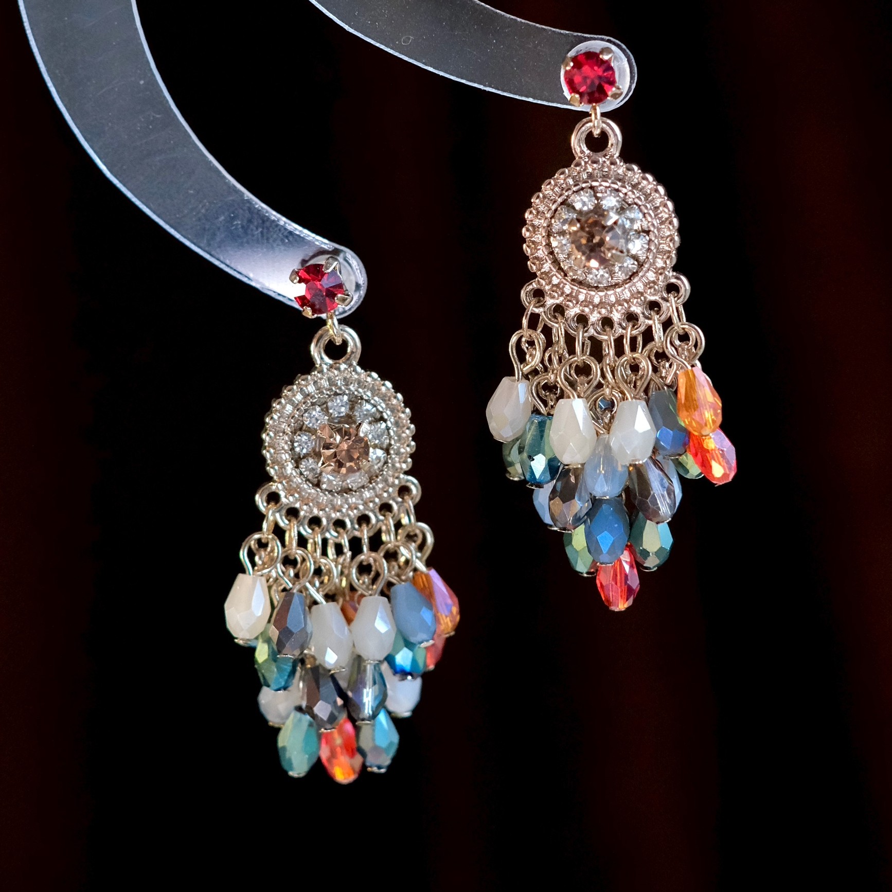 《天竺之舞》波西米亚民族风度假彩色水晶流苏精致耳环耳夹耳饰女