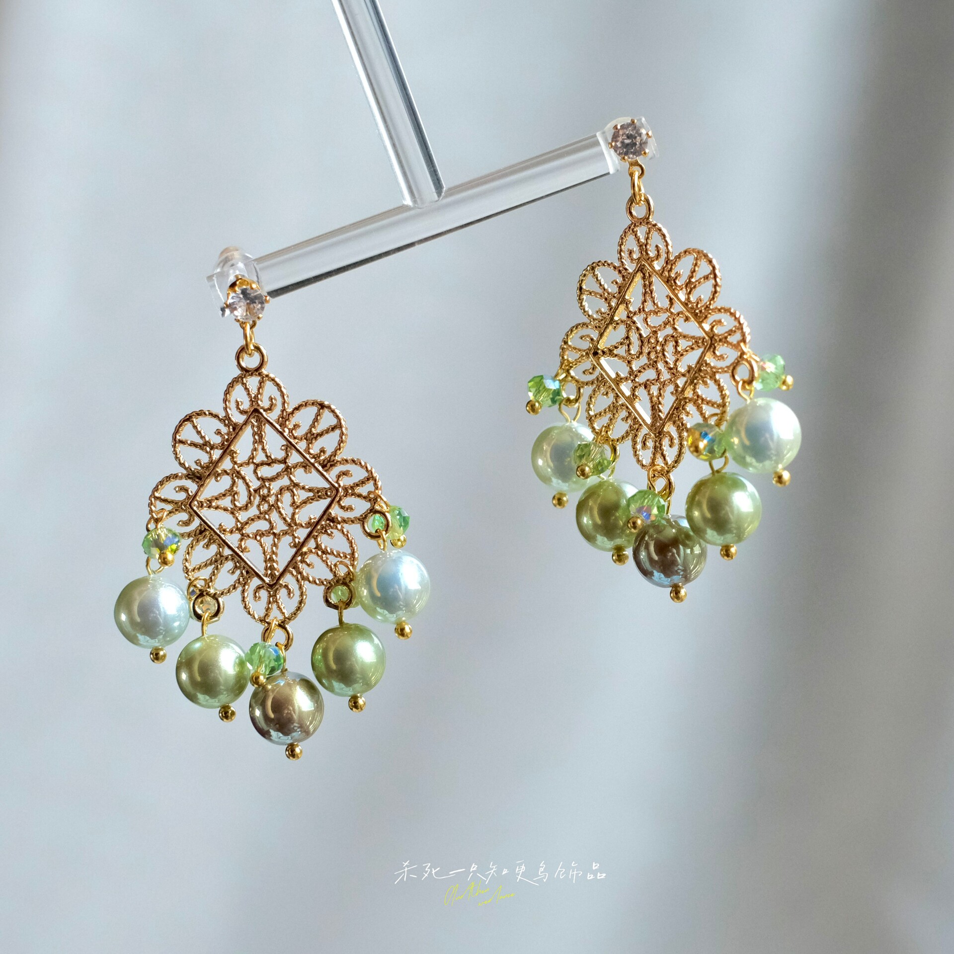 《青瓷盏》原创复古清冷感绿色珍珠波西米亚图腾流苏耳环耳夹耳饰