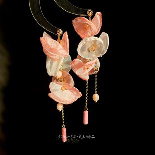 网纱耳环耳夹温柔耳饰女 原创春夏超仙粉色花朵流苏长款 芙蓉帐