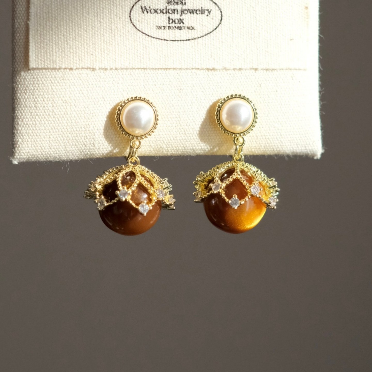 《黄昏之瞳》复古宫廷风美拉德天然虎眼石珍珠镶钻耳环耳夹耳饰女