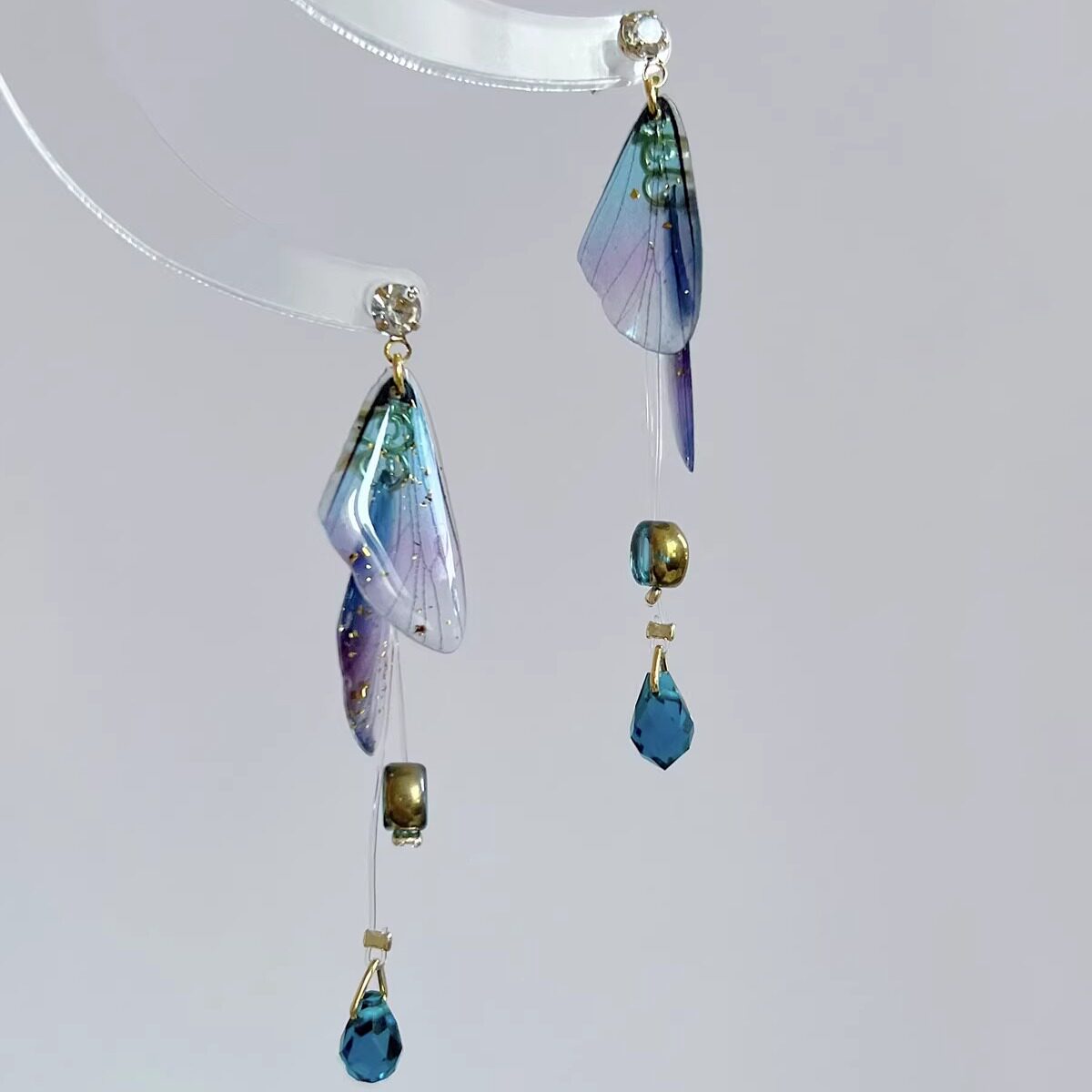 知更鸟｜蝉翼 原创新中式春夏蝴蝶翅膀水晶超仙森系长款耳钉耳夹