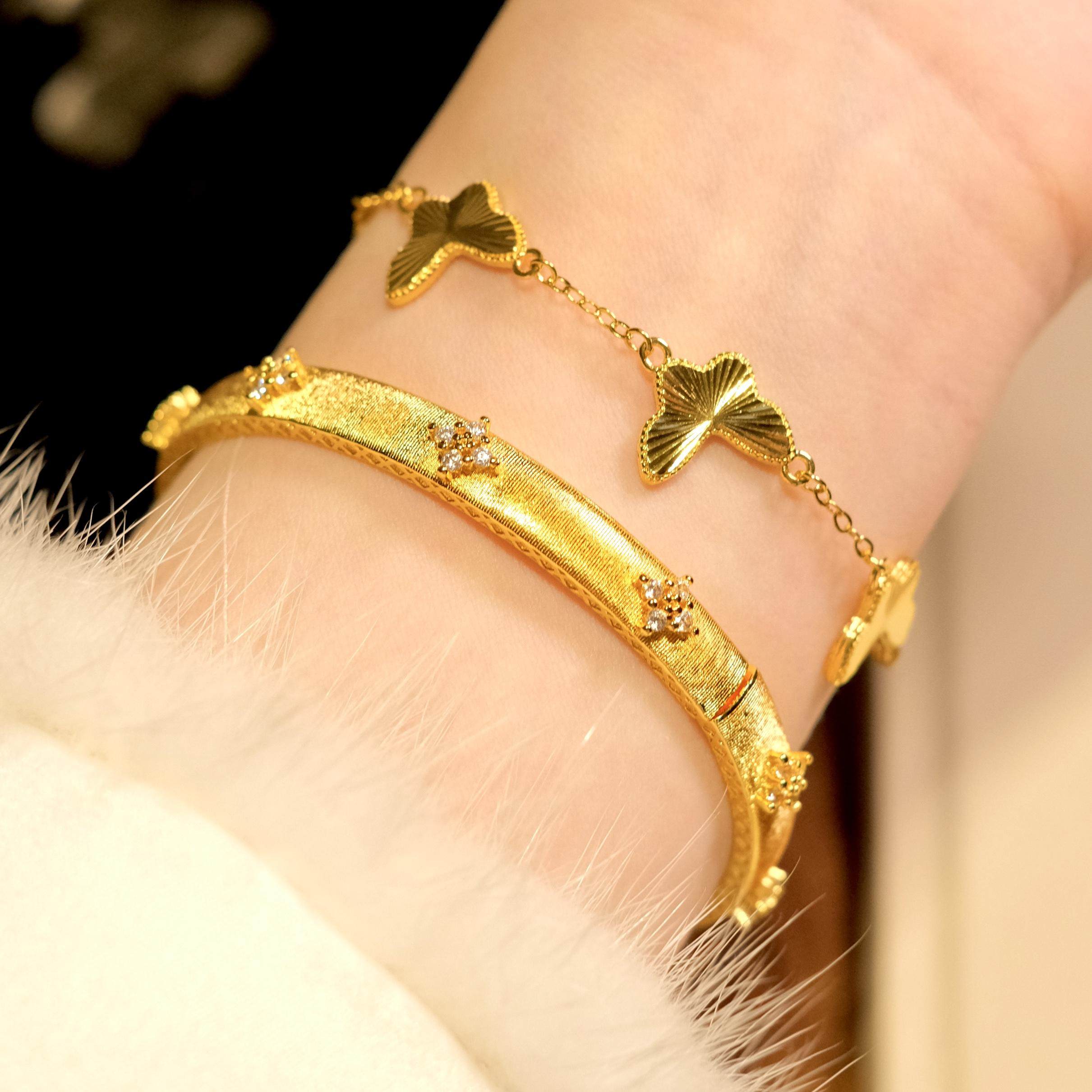 知更鸟丨重工vintage中古沙金拉丝镶钻手镯实心国风黄金色镯子