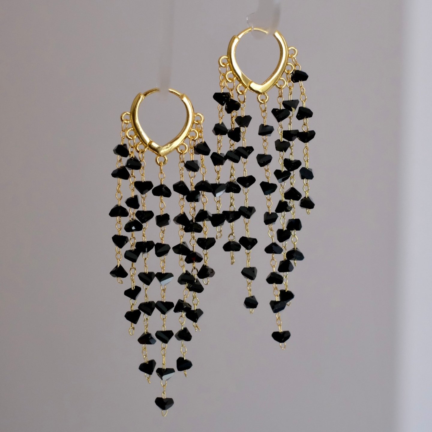 《墨金夜宴》复古优雅宫廷风黑色水晶长流苏精致耳饰耳夹耳环耳扣