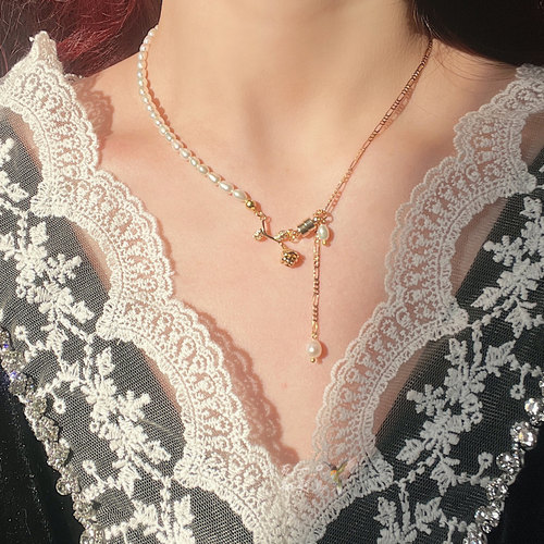 复古小众重工天然珍珠玫瑰项链女