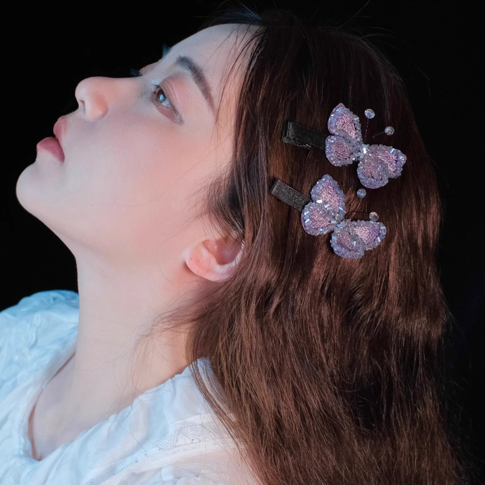 《蝴蝶梦》夏天氛围感超仙紫色闪闪水晶立体刘海夹发夹边夹发饰女