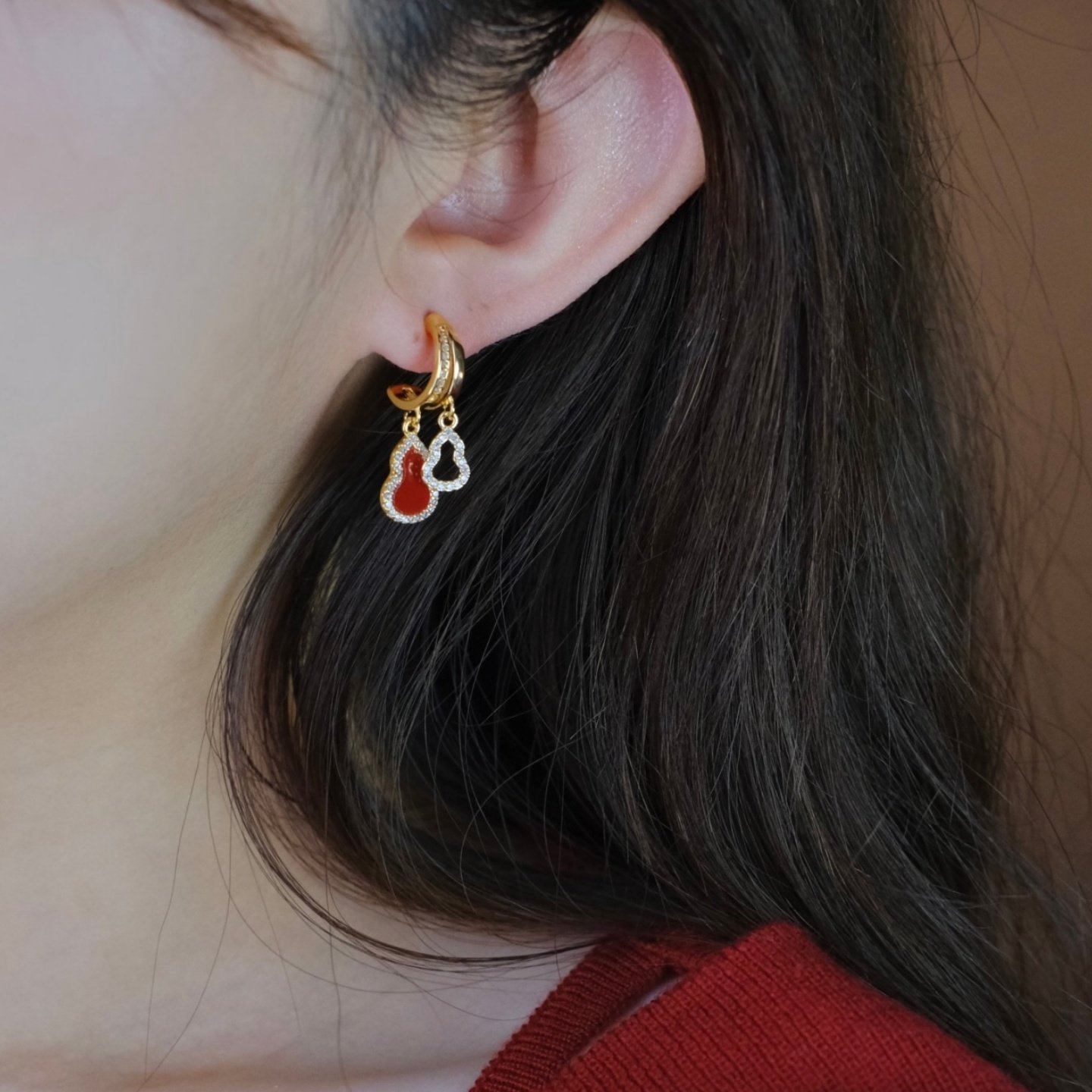 《红金福禄》复古精致国风轻奢红色双葫芦镶钻耳环耳饰耳夹新年女