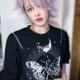 ACLUB白夜「月蛾」亚文化废土朋克街头上衣拉链情侣男女美式 T恤
