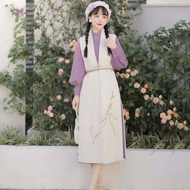 清仓 女装原创设计谪瑶台中国风改良汉元素立领衫比甲套装秋冬