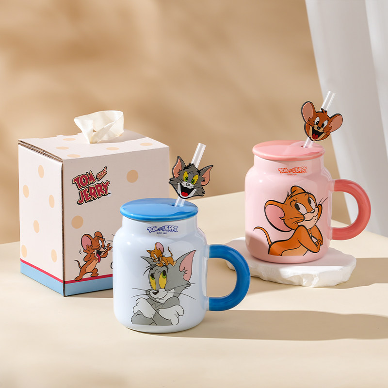 猫和老鼠陶瓷水杯高颜值情侣吸管马克杯带盖可爱卡通大容量早餐杯