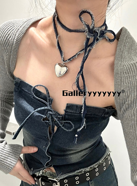 Gallery流苏牛仔布银色爱心项链