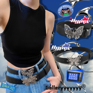 Gallery银色大蝴蝶皮带辣妹y2k千禧风朋克金属扣可调节带钻腰带女