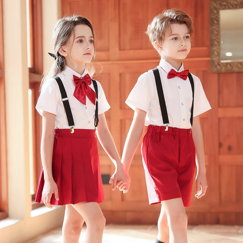 小学生红色百褶裙短裤校服套装