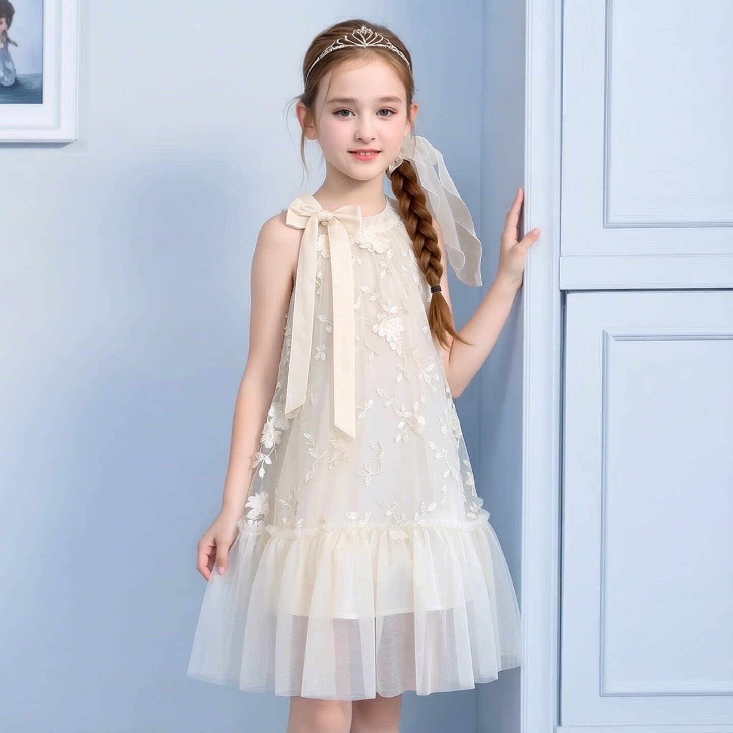 甜美可爱女童网纱连衣裙立体花朵蝴蝶结公主裙礼服钢琴主持演出服