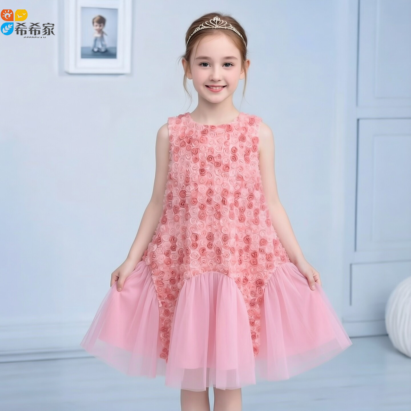 法式女童粉色立体玫瑰花朵连衣裙网纱蓬蓬裙公主裙钢琴生日礼服裙