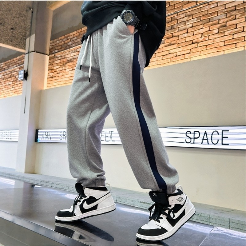 中小学生儿童裤子冬加绒加厚男女童宽松运动裤羊羔绒灰色藏青条裤