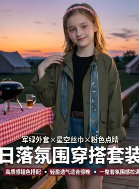 女童军绿防风薄款中长双排扣风衣