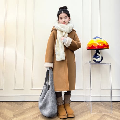 女童美拉德呢子大衣加绒皮毛一体