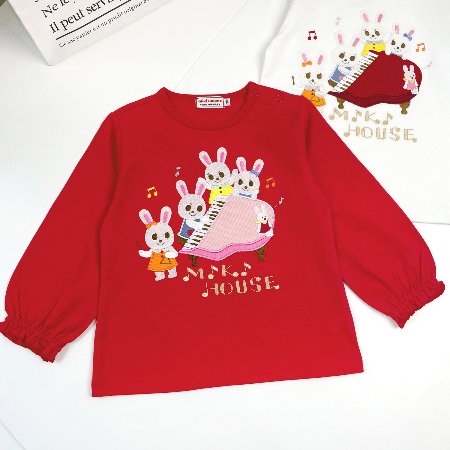 现货2024春女童长袖T恤全棉薄上衣1-7岁小女孩甜美小兔钢琴绣花款