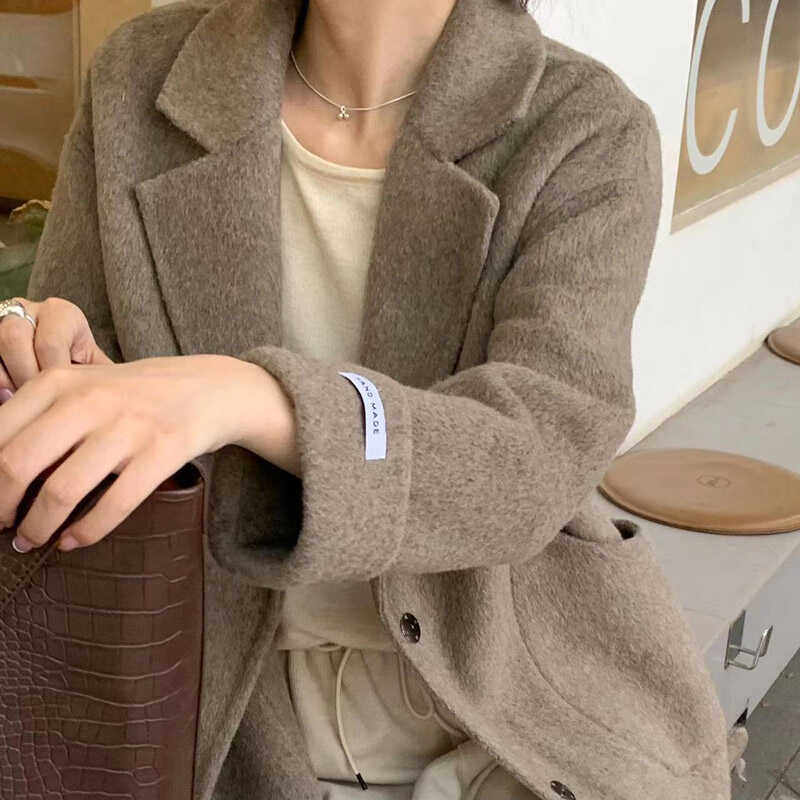2024秋冬新款羊毛手工双面呢大衣女短款小个子宽松羊毛呢外套呢子